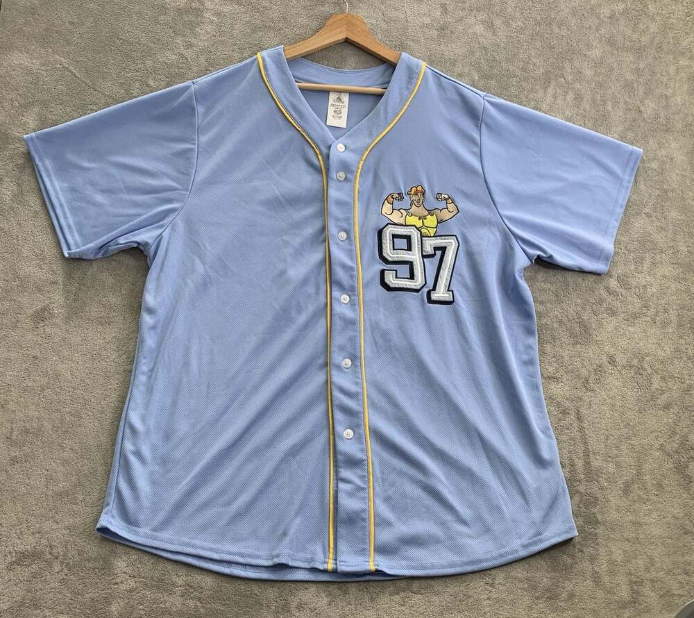 Disney Hercules Baseball Jersey Mens XL #97 Light Blue Embroidered Button Up